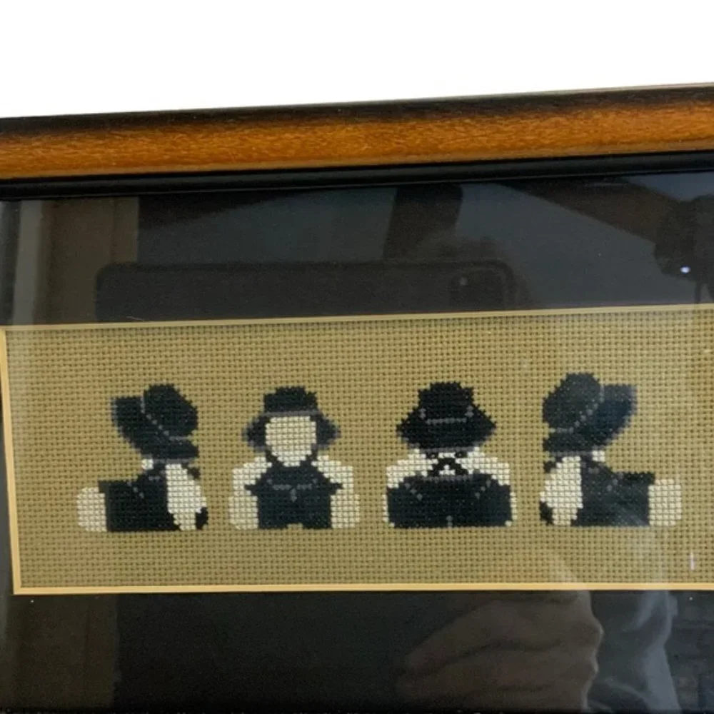 Amish Wall Decor Vintage Needlepoint Traditional Dressed Farmhouse Black White